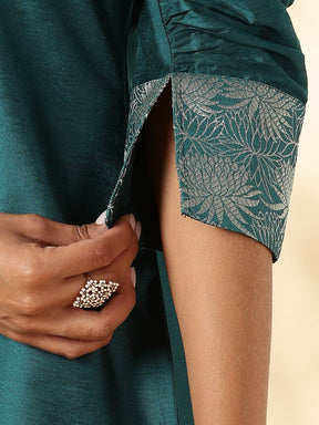 Teal Ruched-Sleeve Kurta Pant set