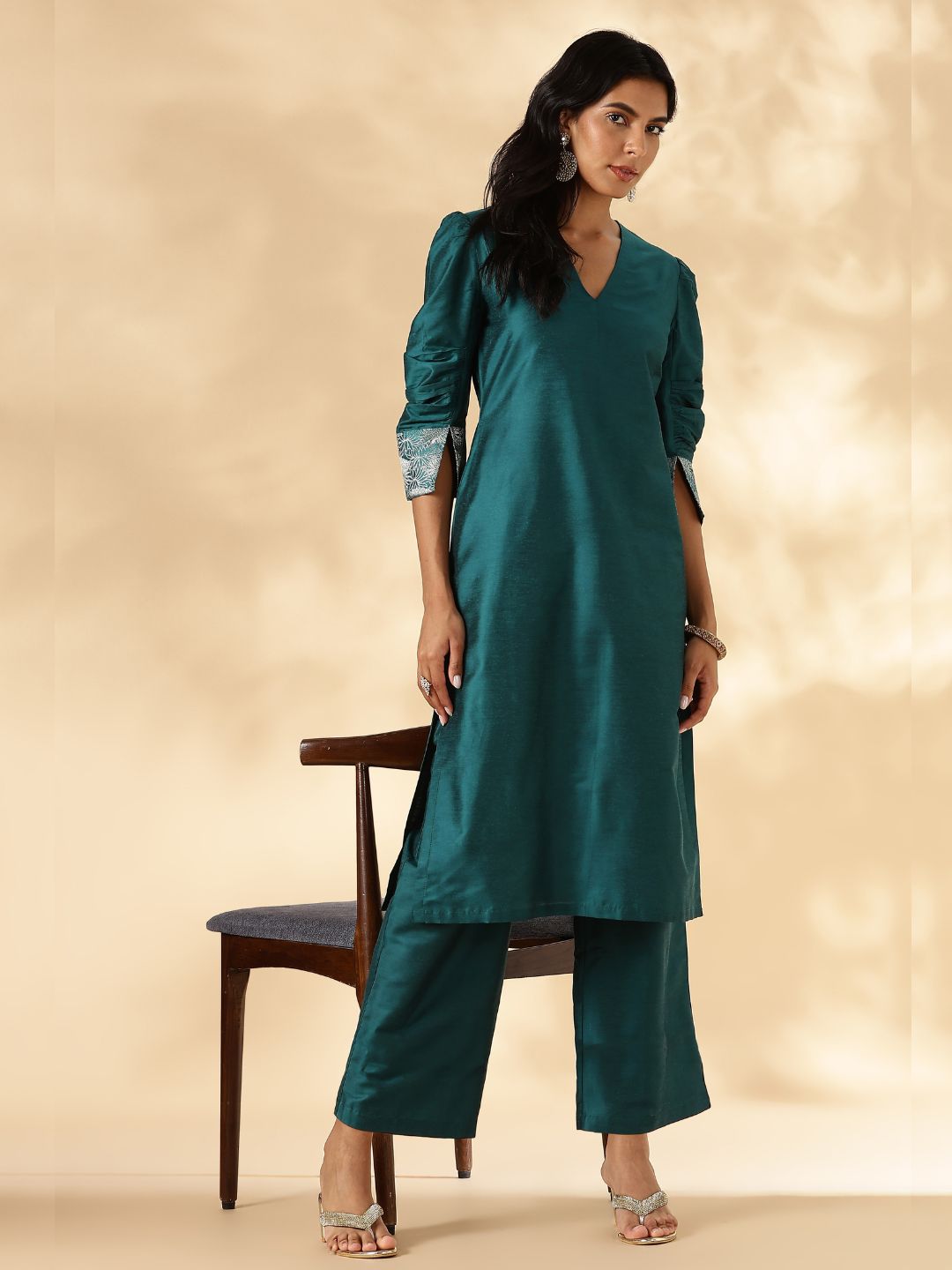 Teal Ruched-Sleeve Kurta Pant set