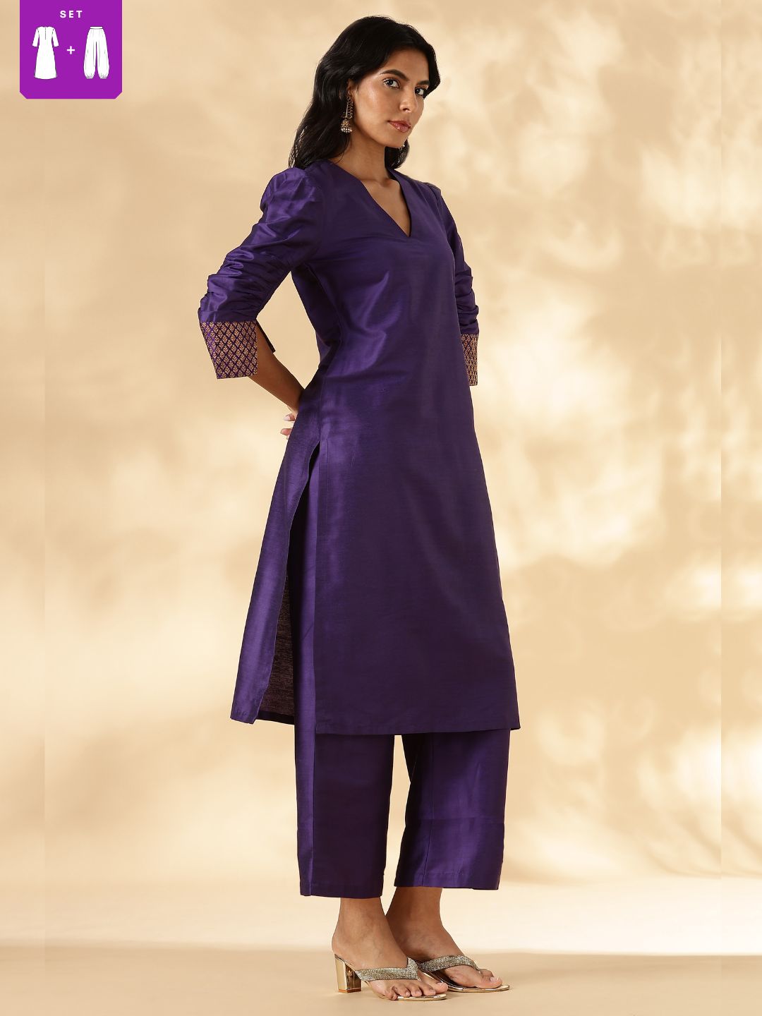 Purple Ruched-Sleeve Kurta Pant set