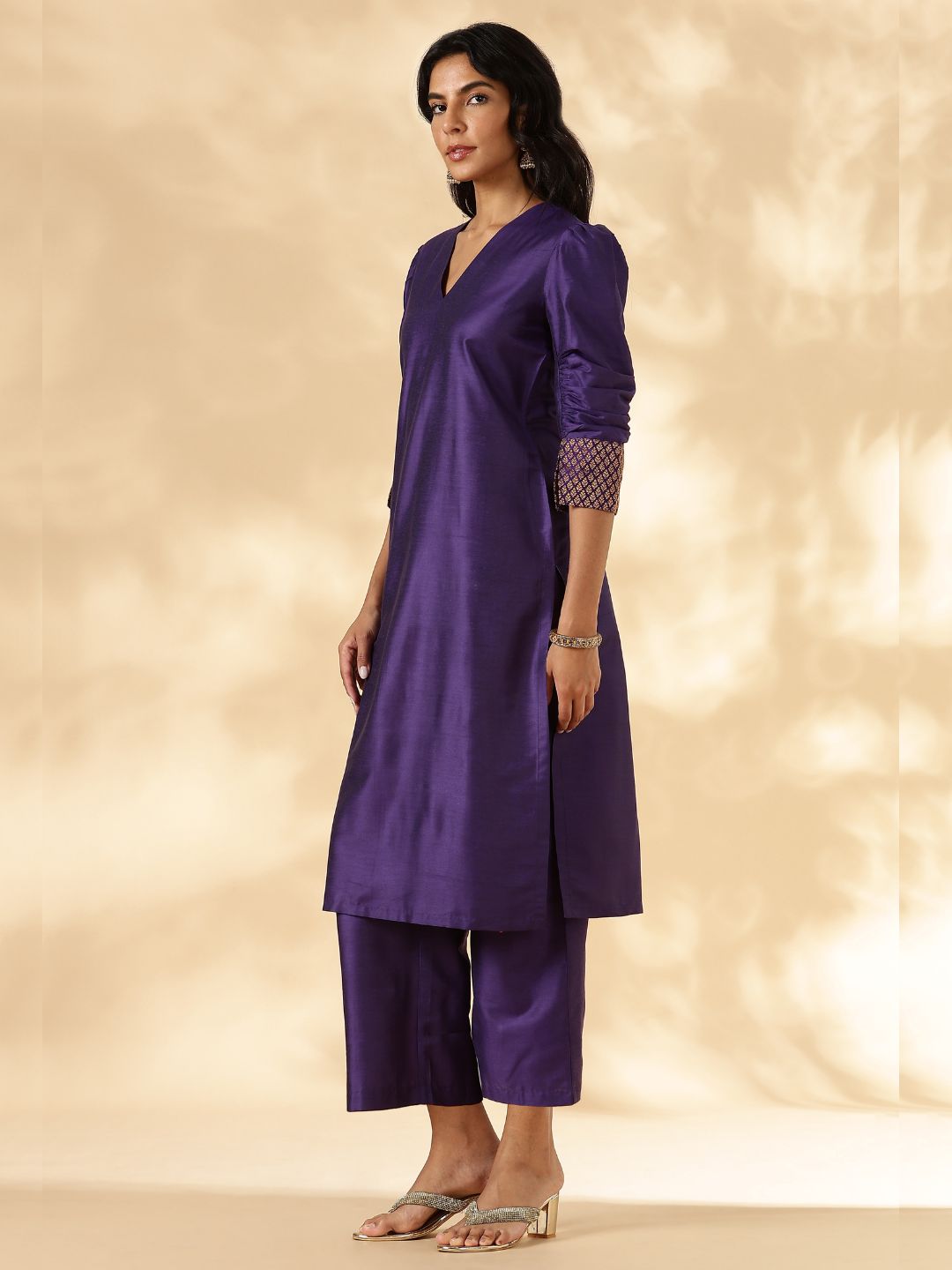 Purple Ruched-Sleeve Kurta Pant set