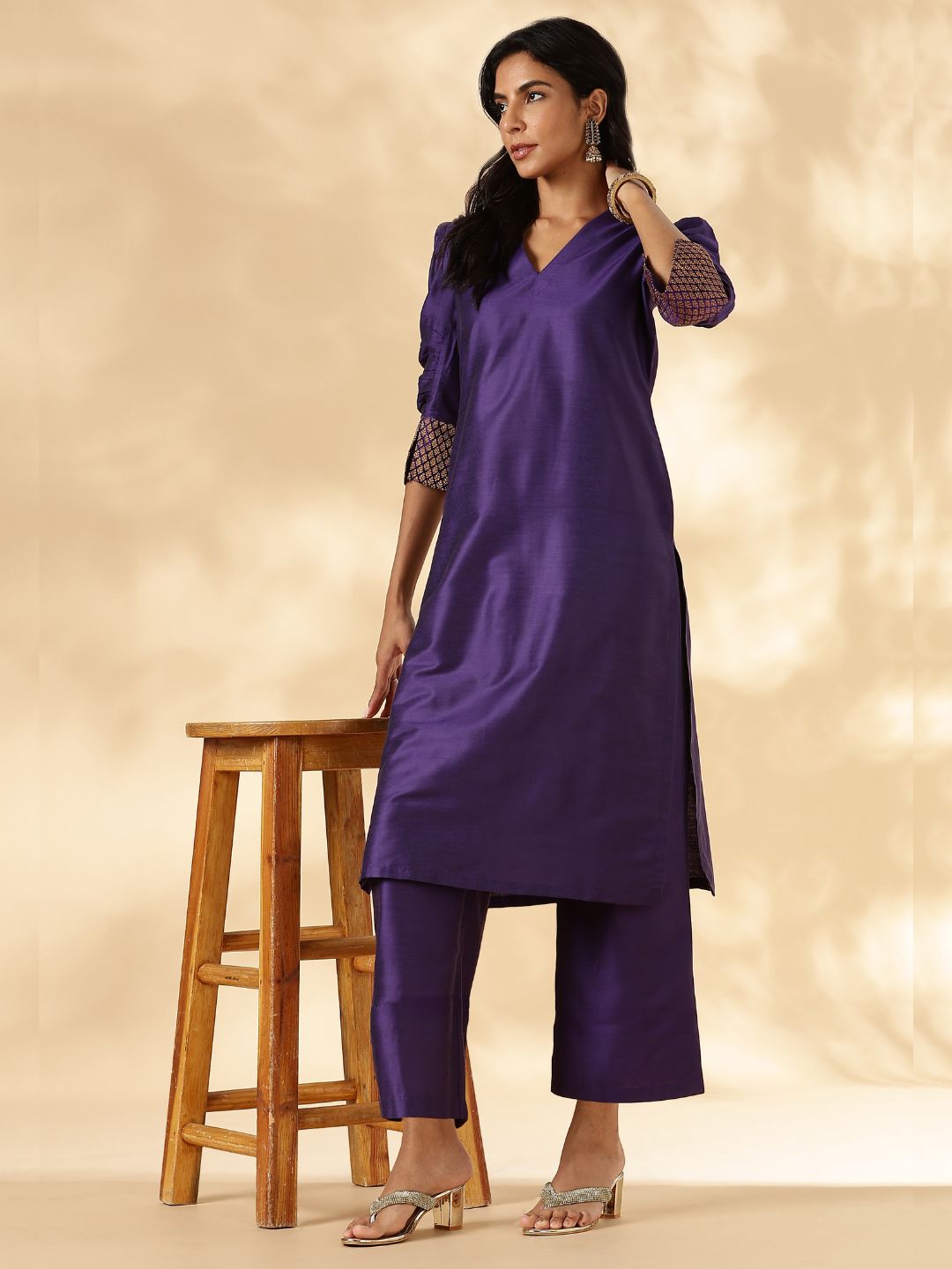 Purple Ruched-Sleeve Kurta Pant set