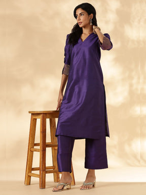 Purple Ruched-Sleeve Kurta Pant set