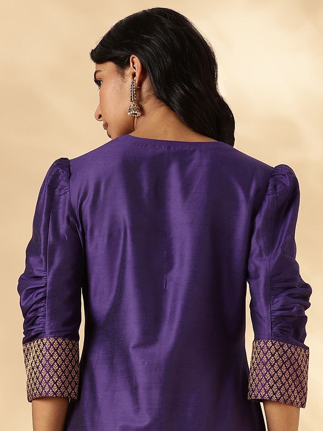Purple Ruched-Sleeve Kurta Pant set