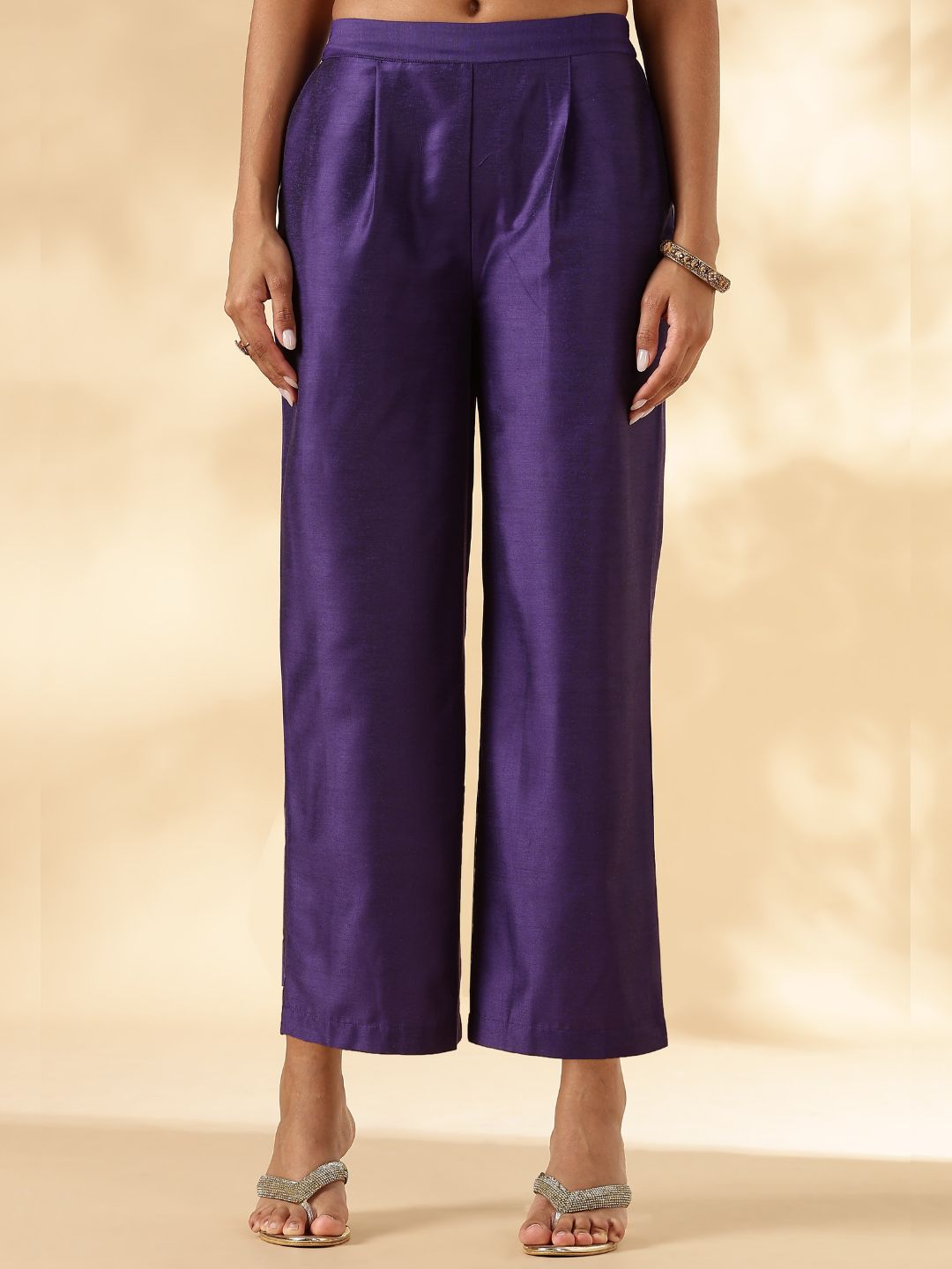 Purple Ruched-Sleeve Kurta Pant set
