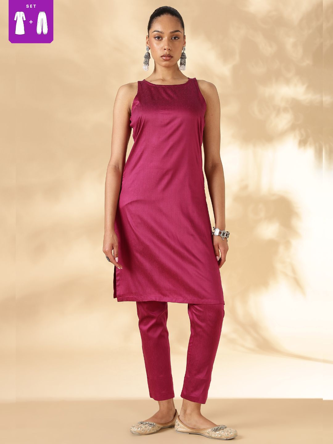 Pink Solid In cut kurta with Narrow Straight Pants