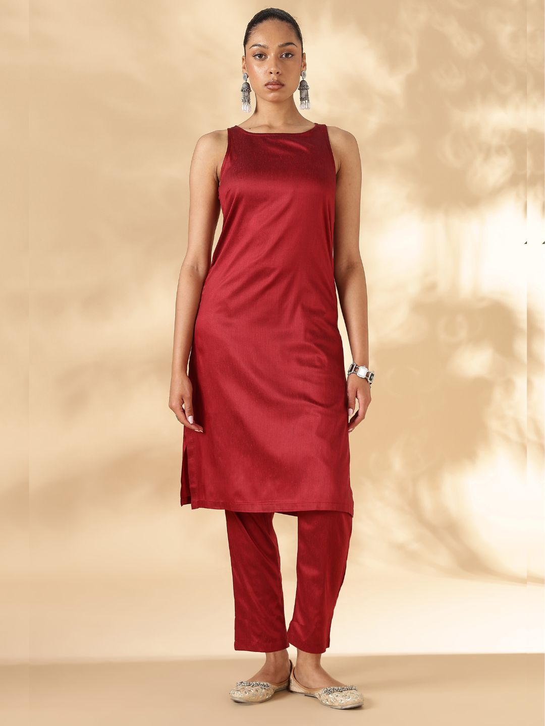 Red Solid In cut Kurta with Narrow Straight Pants