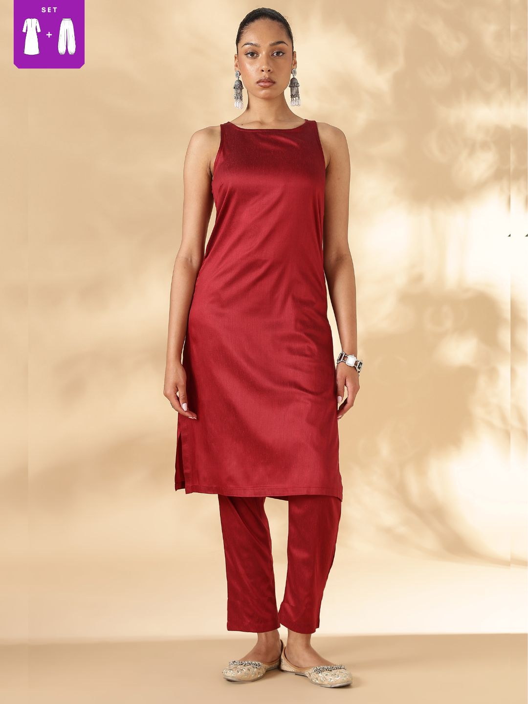 Red Solid In cut Kurta with Narrow Straight Pants
