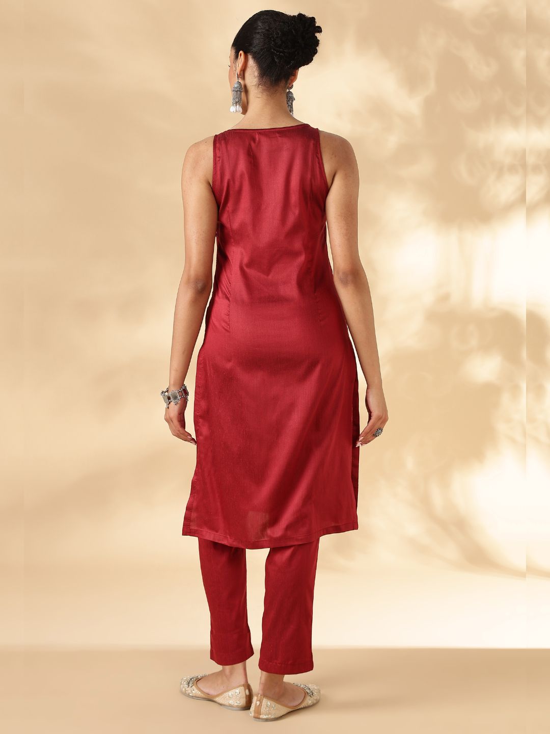 Red Solid In cut Kurta with Narrow Straight Pants