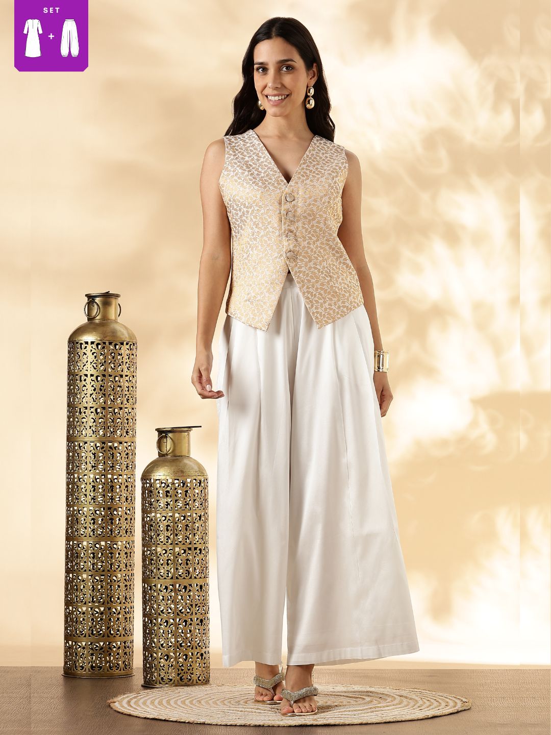 White Brocade Waistcoat and Wide-Leg Pant Set