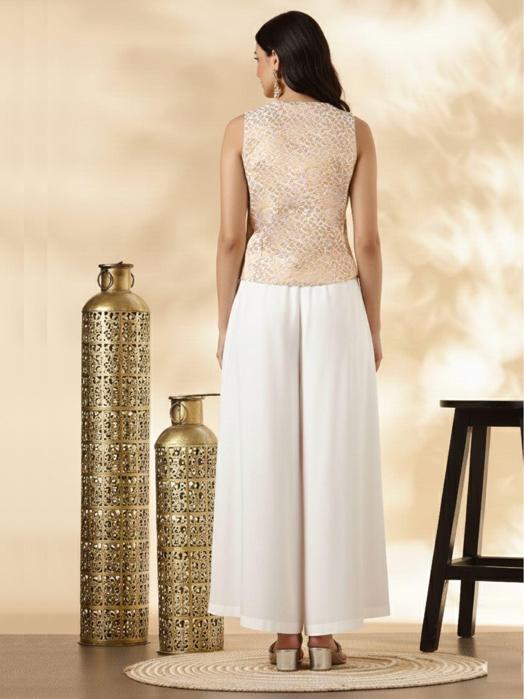 White Brocade Waistcoat and Wide-Leg Pant Set