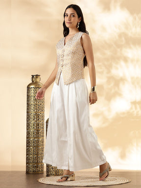 White Brocade Waistcoat and Wide-Leg Pant Set