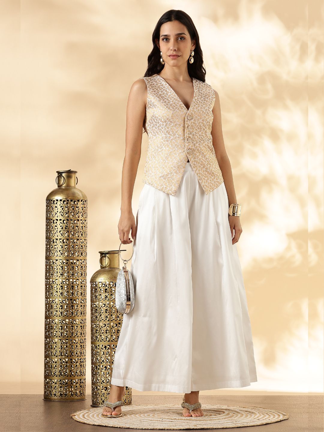 White Brocade Waistcoat and Wide-Leg Pant Set