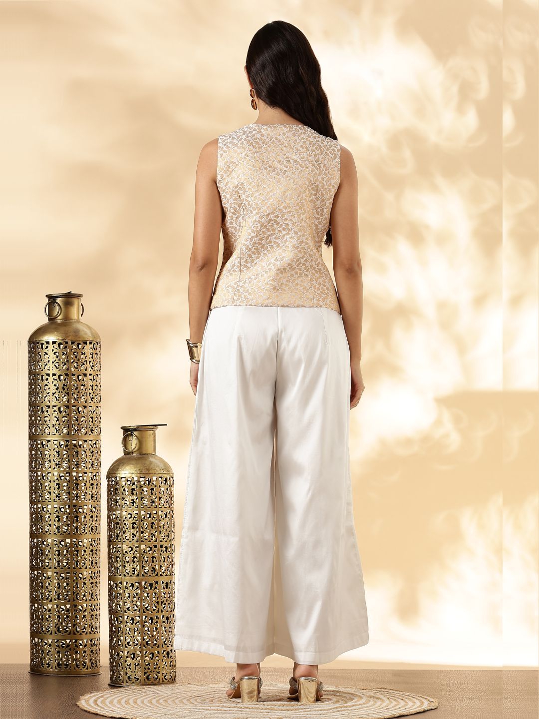 White Brocade Waistcoat and Wide-Leg Pant Set