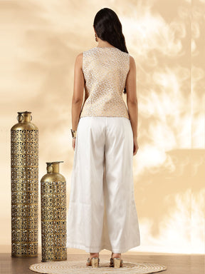 White Brocade Waistcoat and Wide-Leg Pant Set