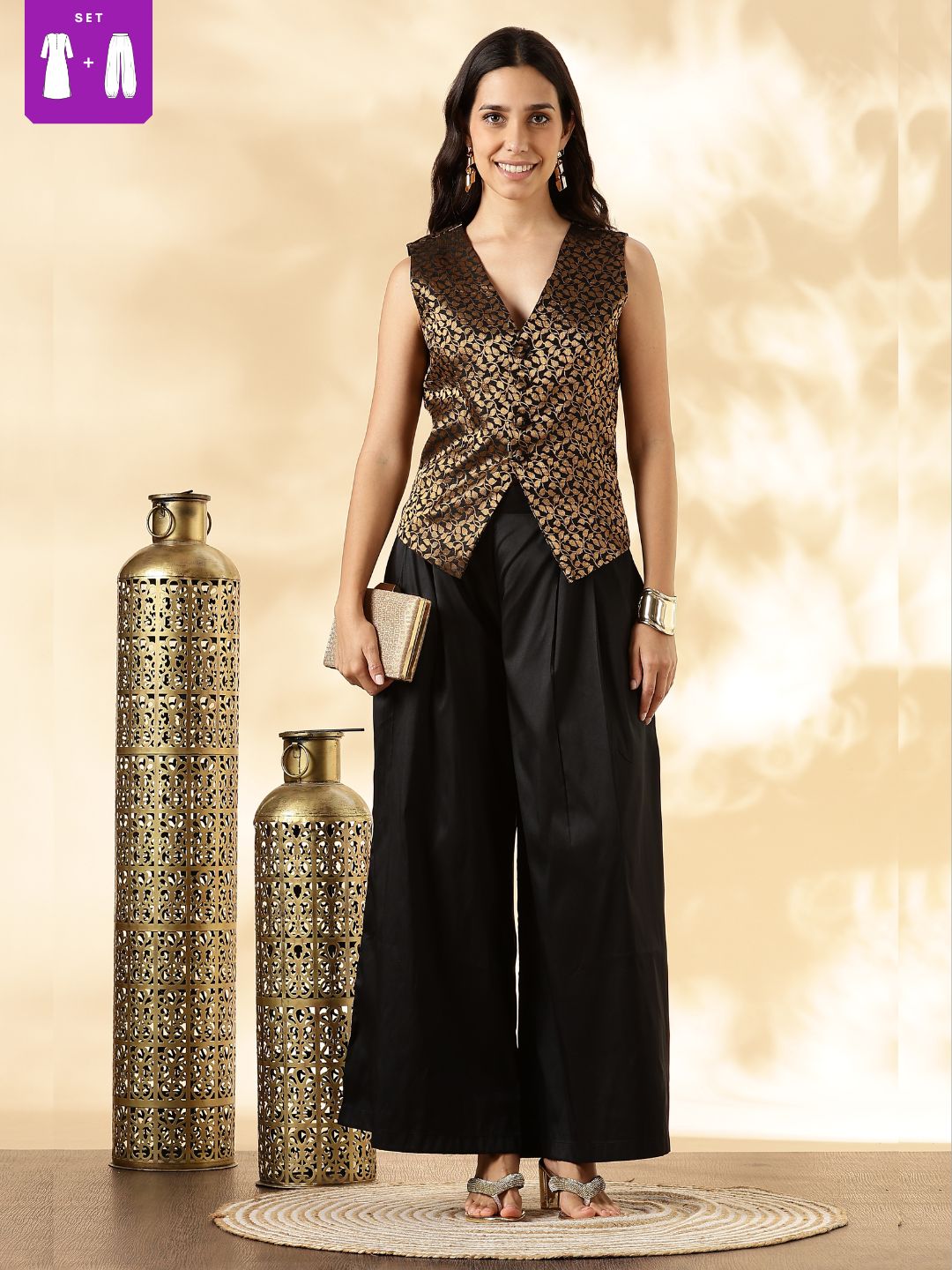Black Brocade Waistcoat and Wide-Leg Pant Set