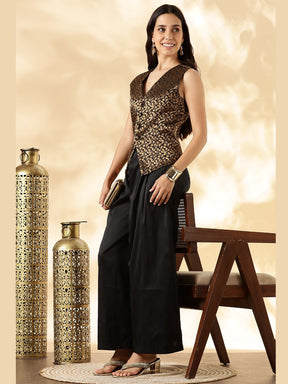 Black Brocade Waistcoat and Wide-Leg Pant Set