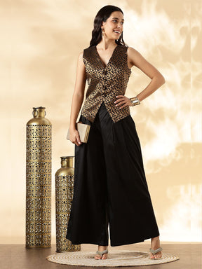 Black Brocade Waistcoat and Wide-Leg Pant Set