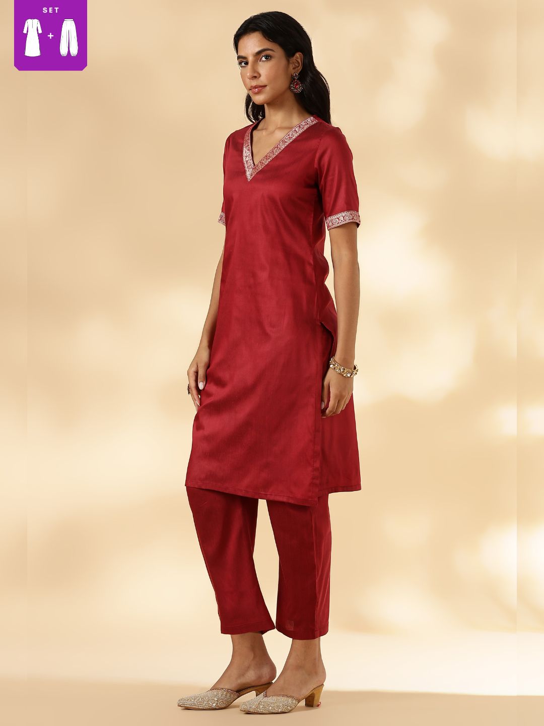 Red Brocade Border V-Neck Kurta Set
