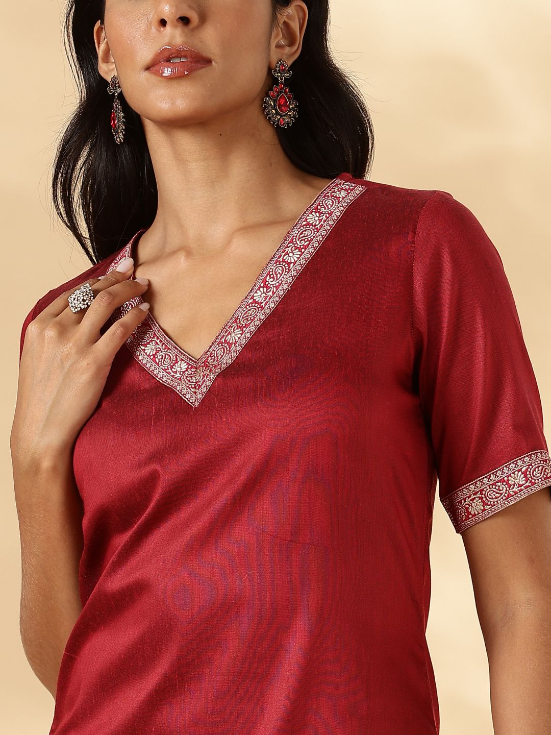 Red Brocade Border V-Neck Kurta Set