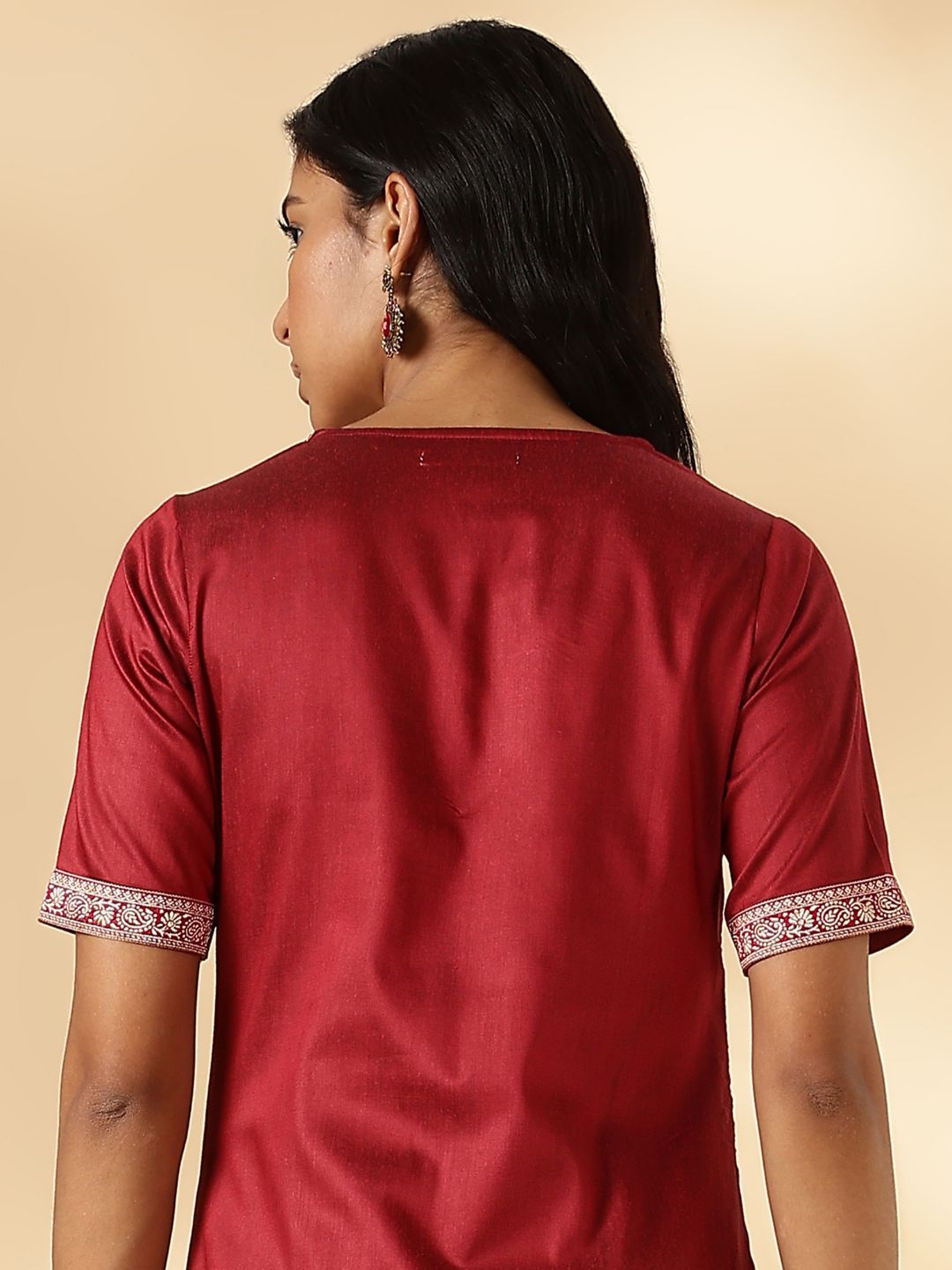 Red Brocade Border V-Neck Kurta Set
