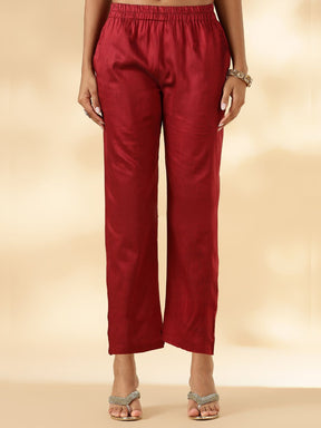 Red Brocade Border V-Neck Kurta Set