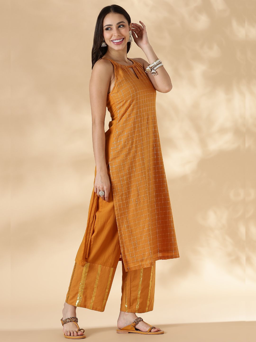 Mustard Halterneck Lurex Kurta with Straight Pants