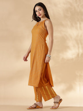 Mustard Halterneck Lurex Kurta with Straight Pants