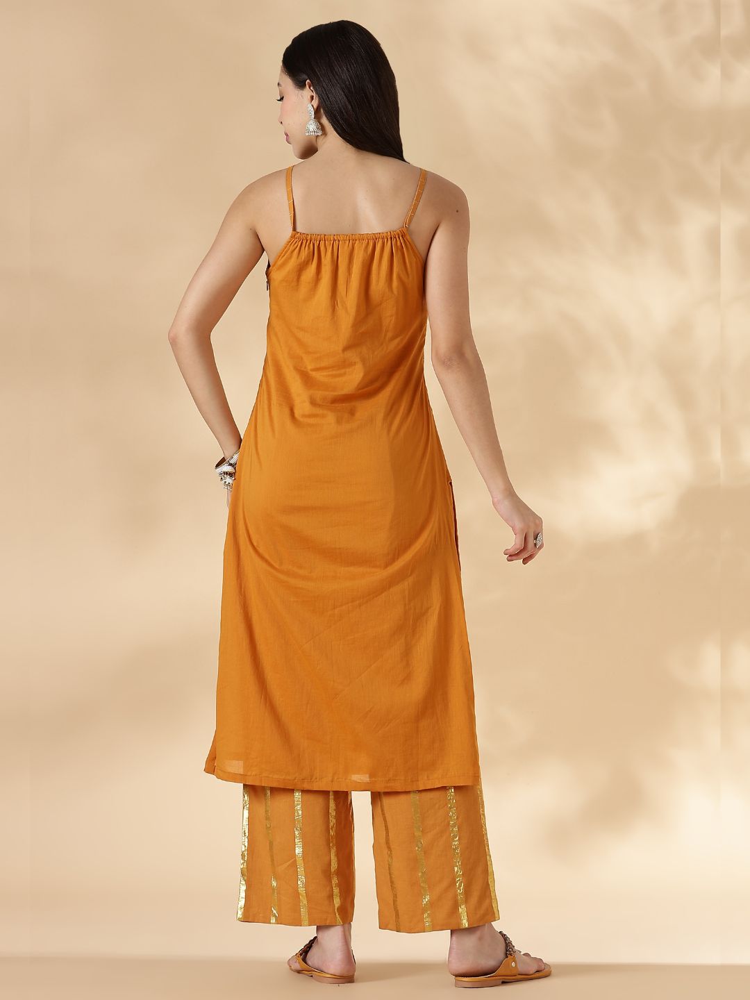Mustard Halterneck Lurex Kurta with Straight Pants