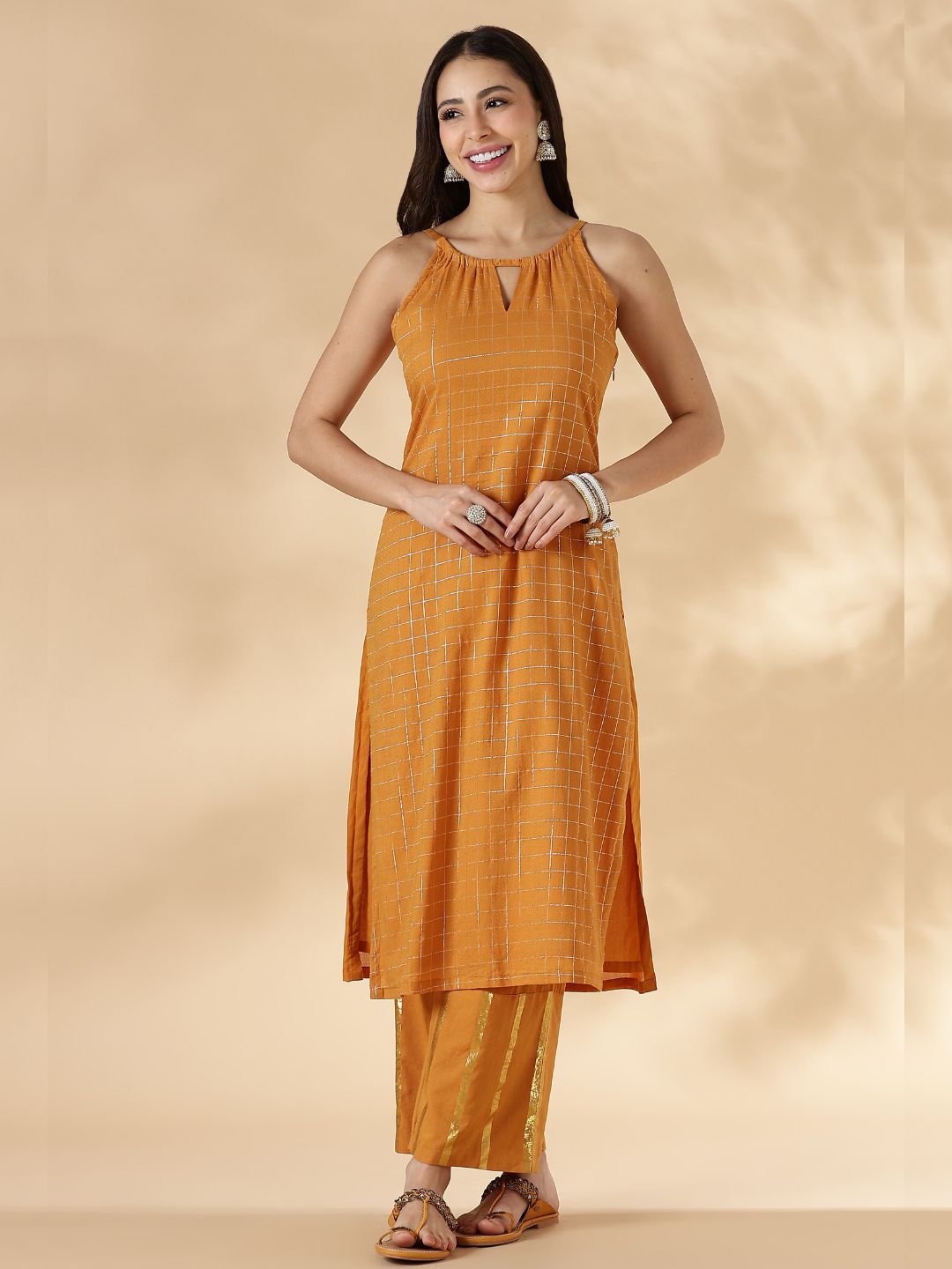 Mustard Halterneck Lurex Kurta with Straight Pants
