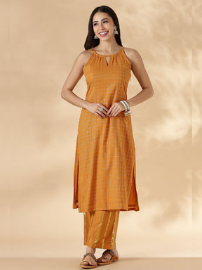 Mustard Halterneck Lurex Kurta with Straight Pants