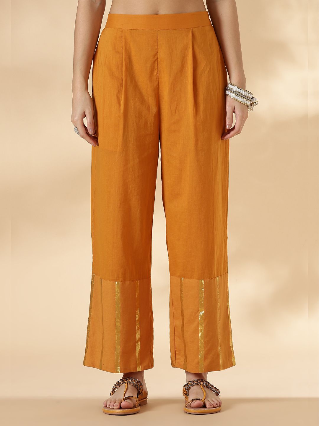 Mustard Halterneck Lurex Kurta with Straight Pants