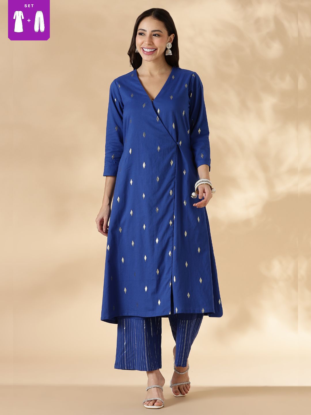 Blue Overlap Lurex Kurta with Straight Pants