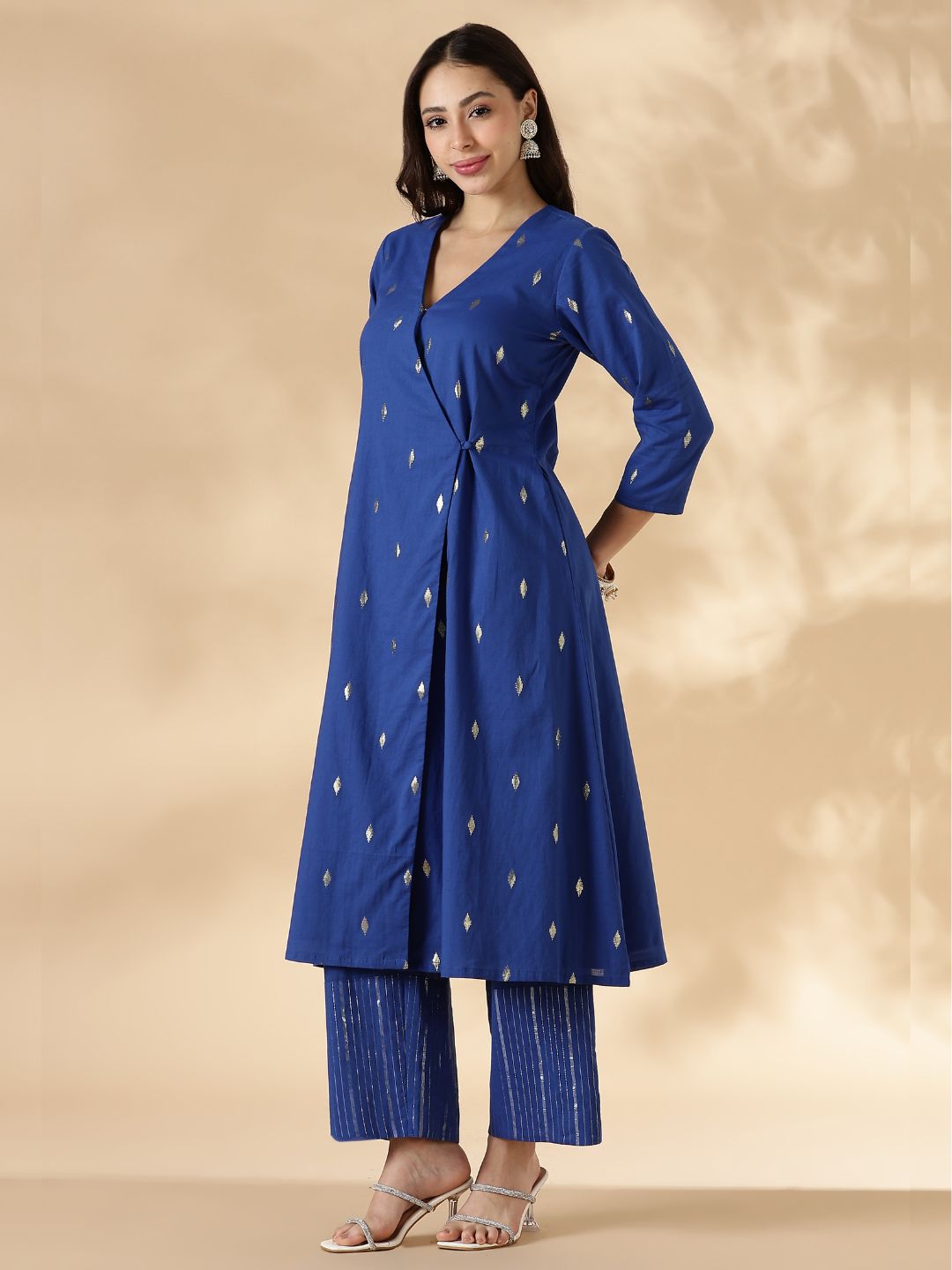 Blue Overlap Lurex Kurta with Straight Pants