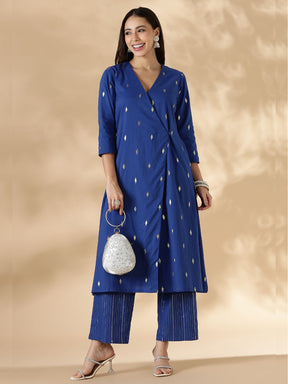 Blue Overlap Lurex Kurta with Straight Pants