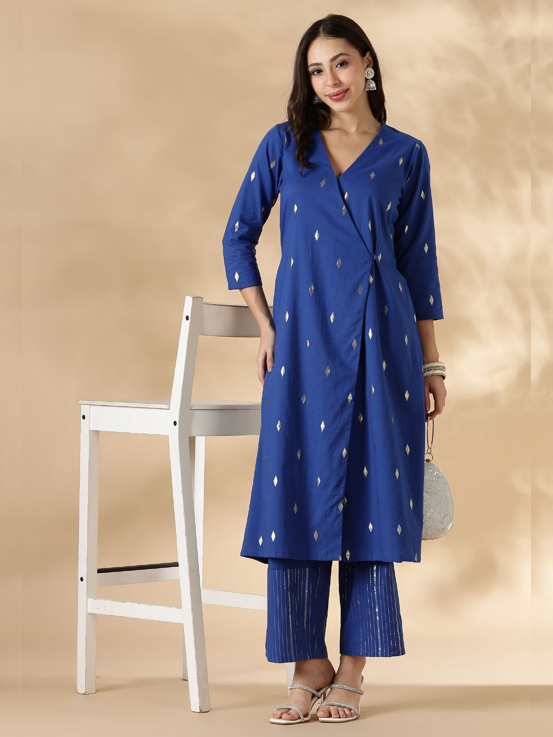 Blue Overlap Lurex Kurta with Straight Pants