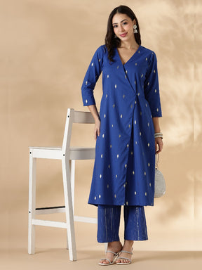 Blue Overlap Lurex Kurta with Straight Pants