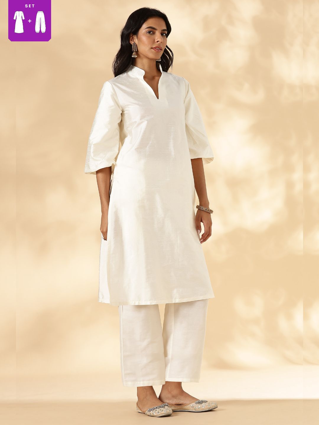 Ivory Stand Collar Straight Kurta Pant Set