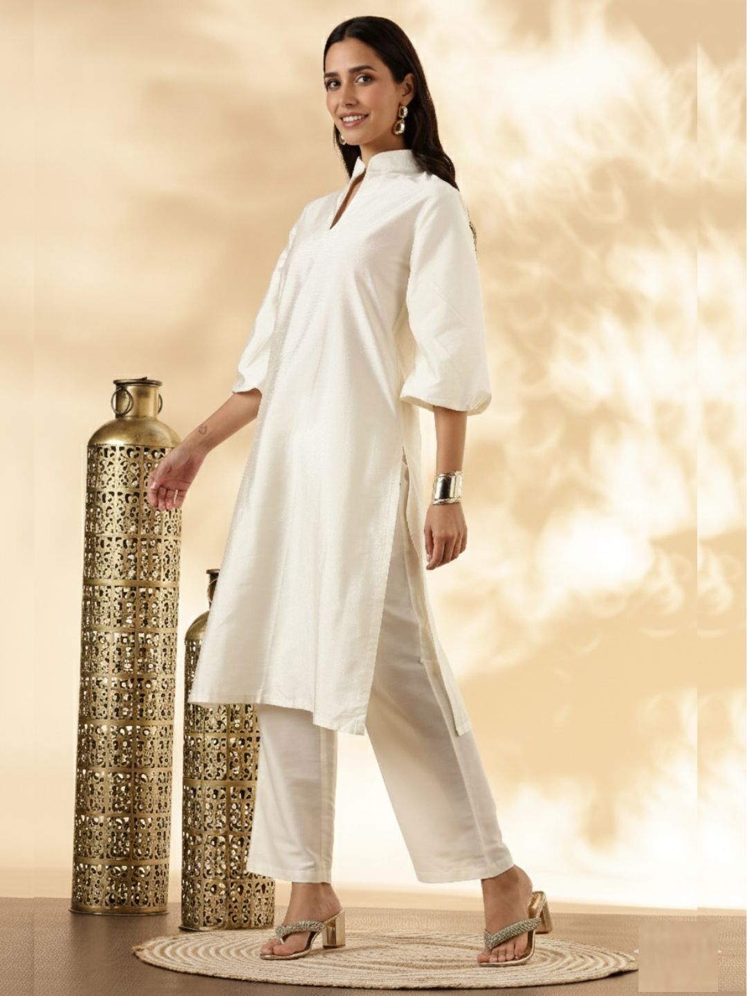 Ivory Stand Collar Straight Kurta Pant Set