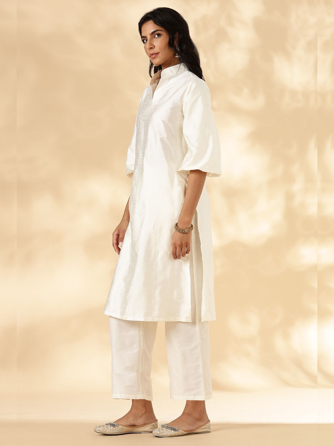 Ivory Stand Collar Straight Kurta Pant Set