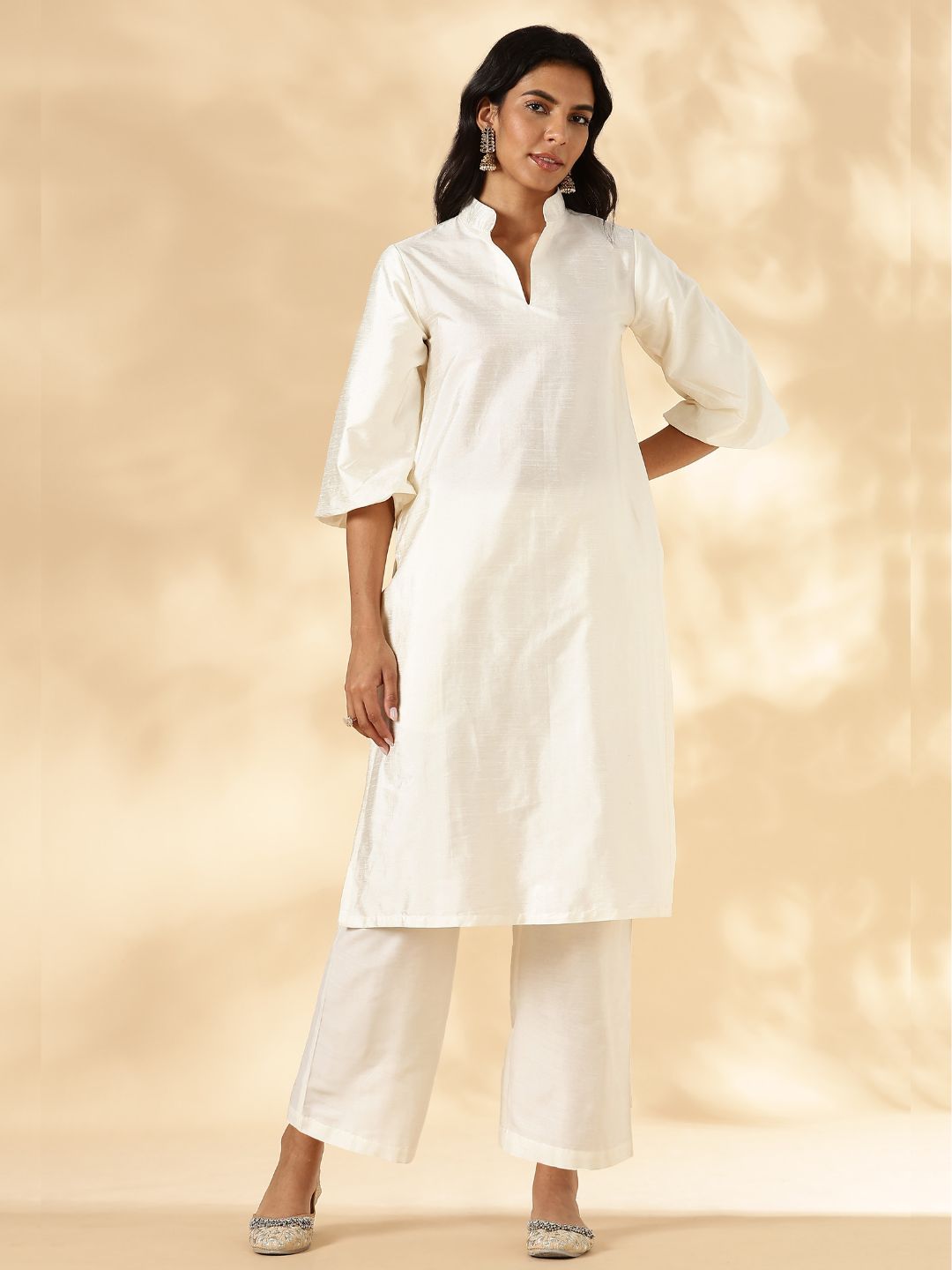 Ivory Stand Collar Straight Kurta Pant Set