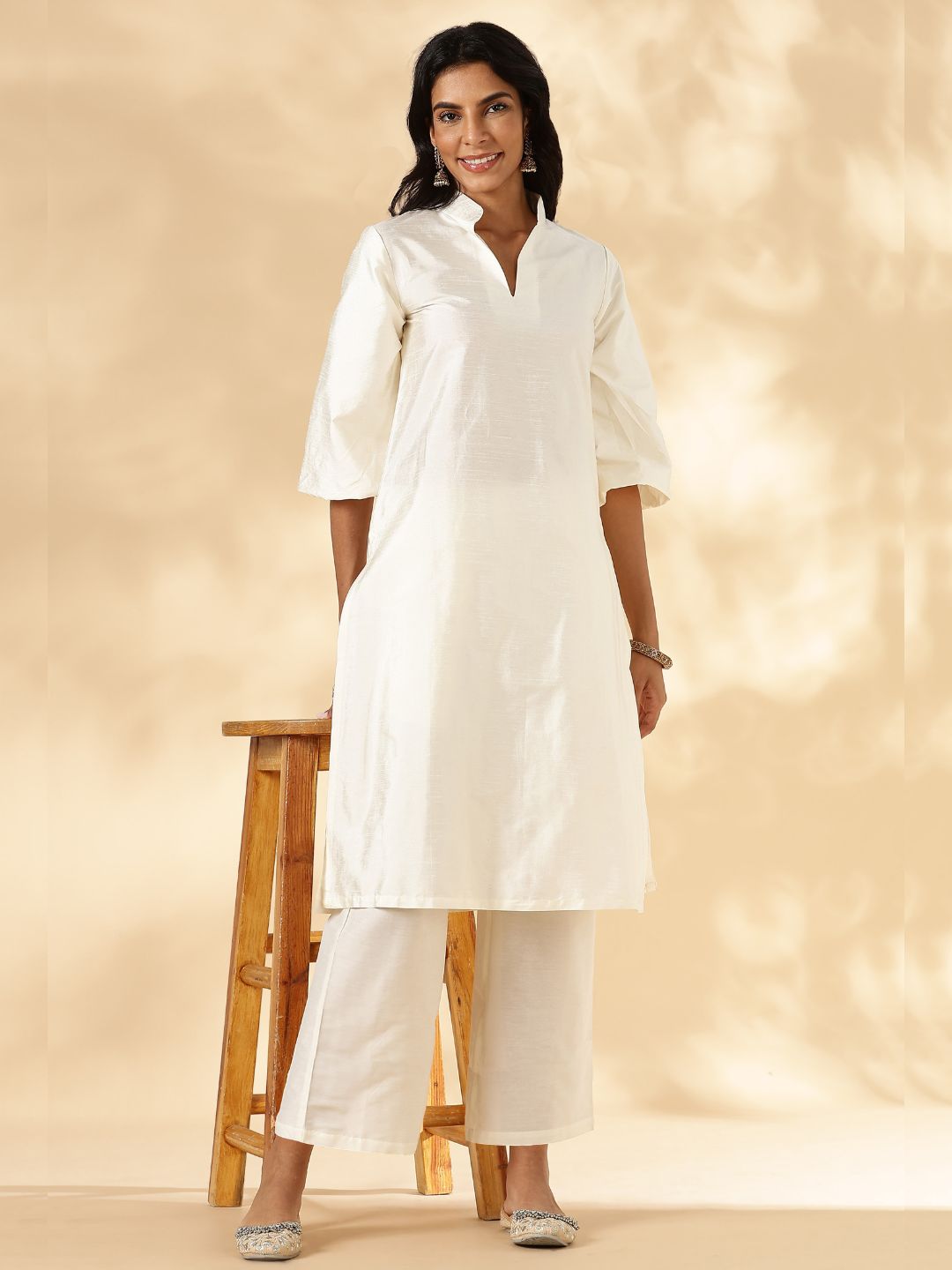 Ivory Stand Collar Straight Kurta Pant Set