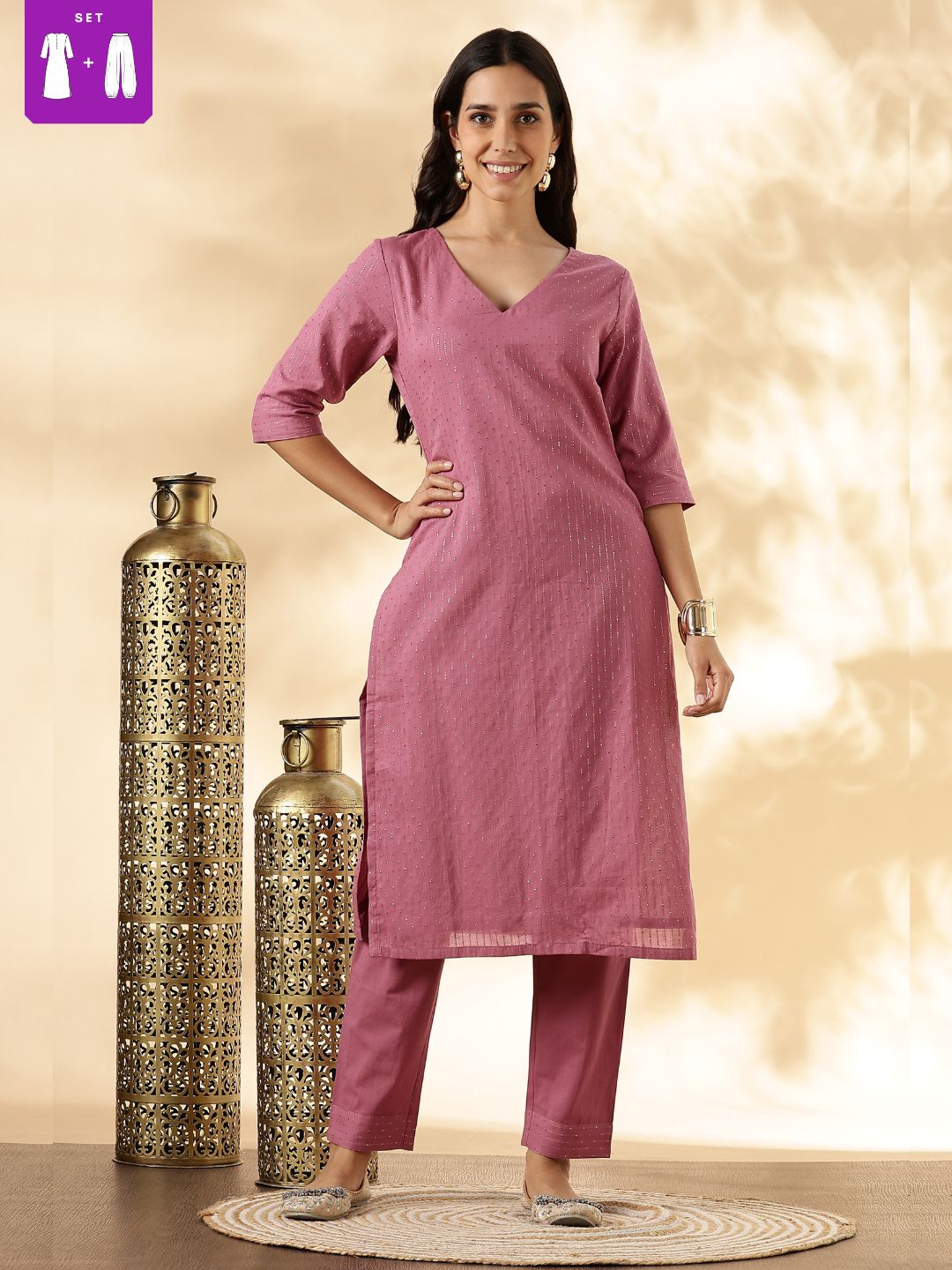 Pink Lurex Kurta with solid Pant Set