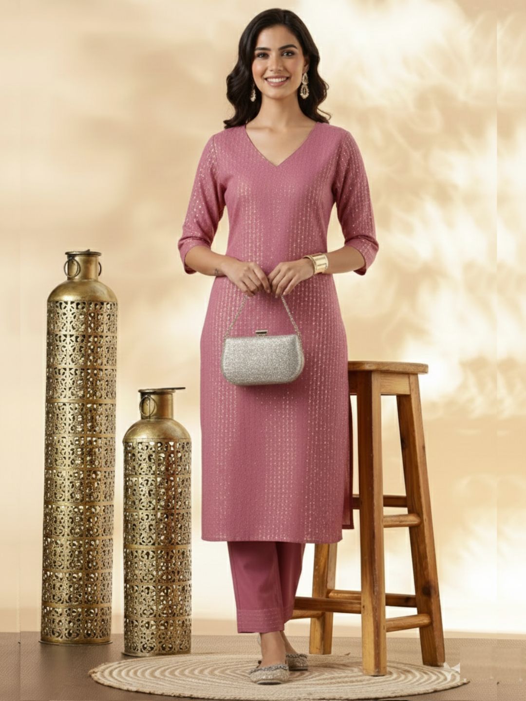 Pink Lurex Kurta with solid Pant Set