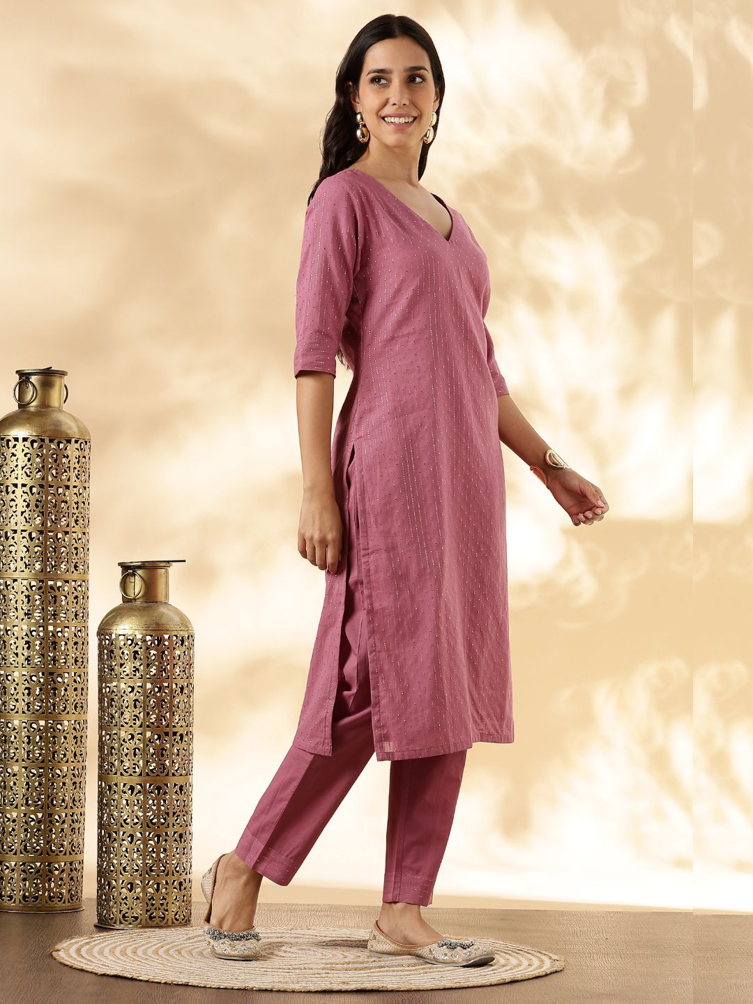 Pink Lurex Kurta with solid Pant Set