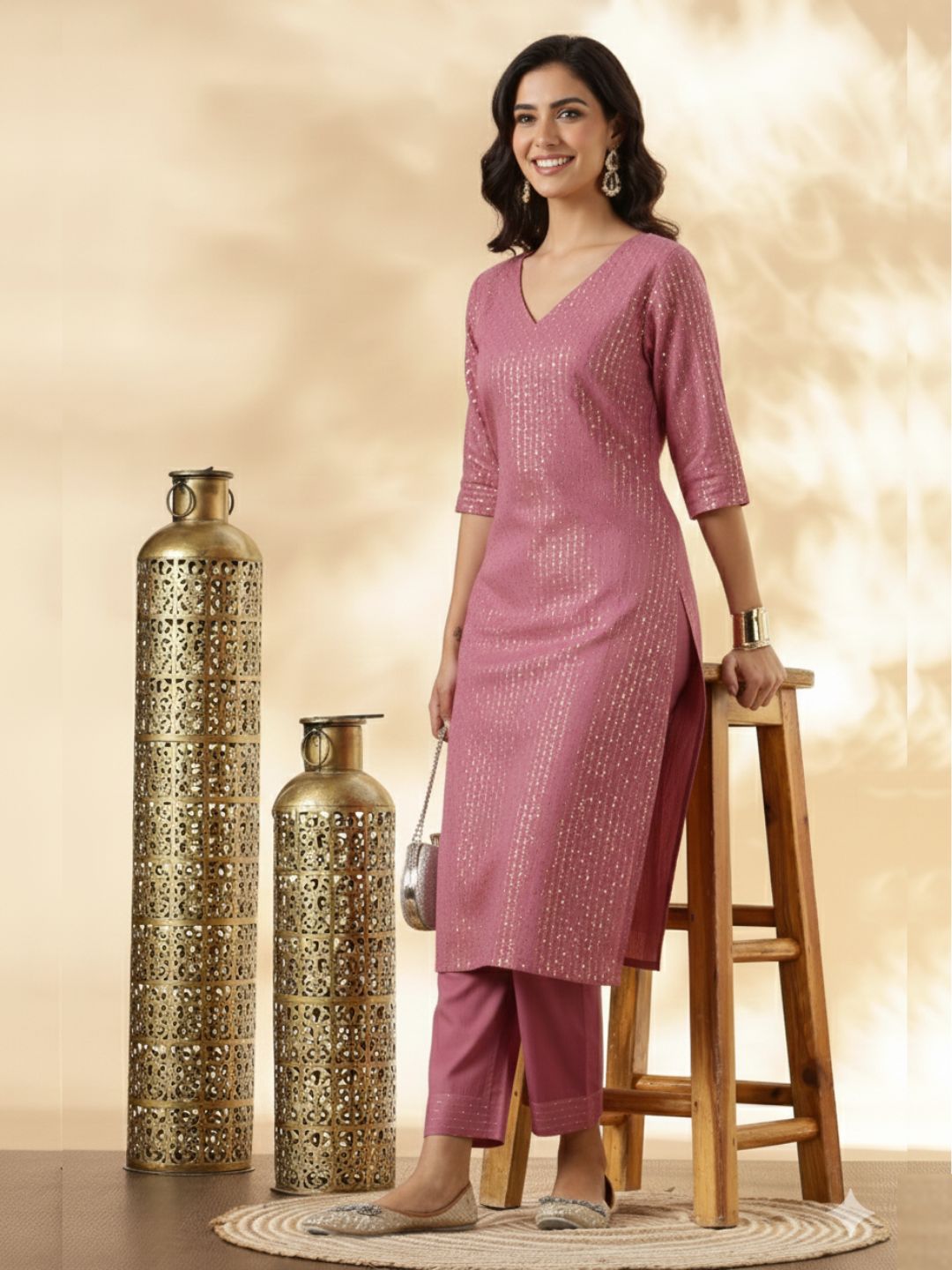 Pink Lurex Kurta with solid Pant Set