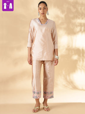 High-Low Kurta with Broad Straight Pants with Brocade Details