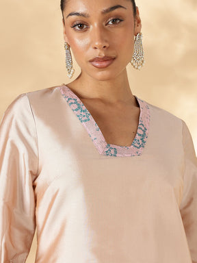 High-Low Kurta with Broad Straight Pants with Brocade Details