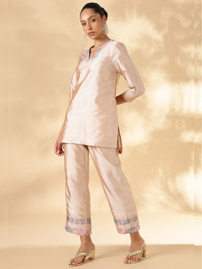 High-Low Kurta with Broad Straight Pants with Brocade Details