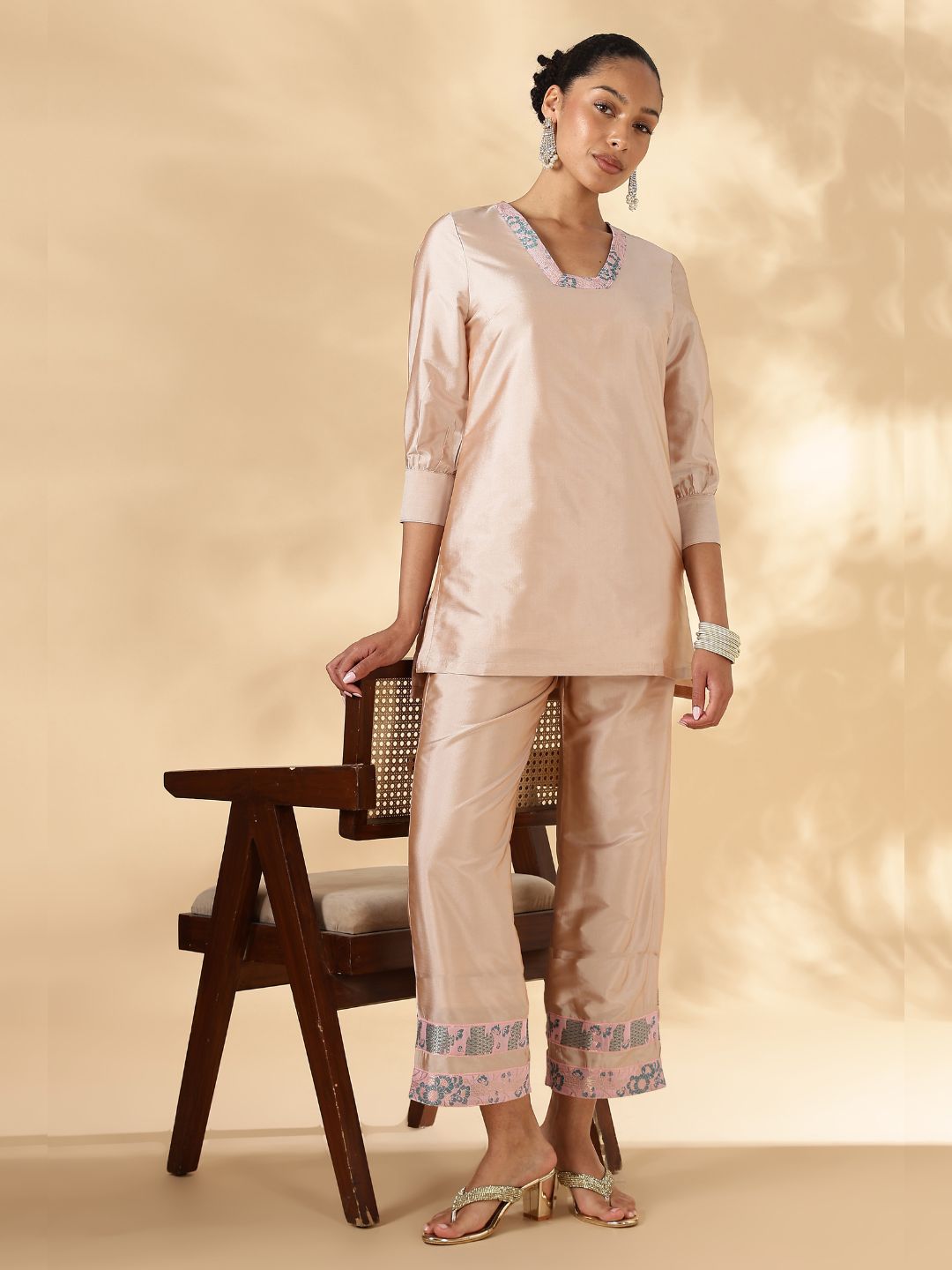 High-Low Kurta with Broad Straight Pants with Brocade Details