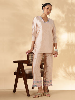 High-Low Kurta with Broad Straight Pants with Brocade Details